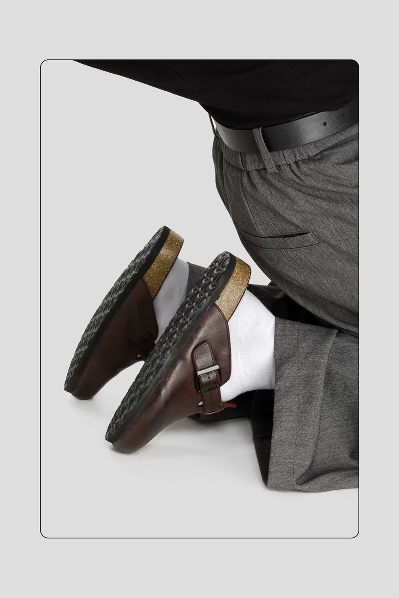 Washed Horsehide Buckle Clogs - Brown - on-foot outsole and heel view