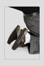 Washed Horsehide Buckle Clogs - Brown - on-foot outsole and heel view