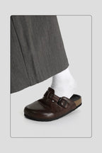 Washed Horsehide Buckle Clogs - Brown - on-foot side view