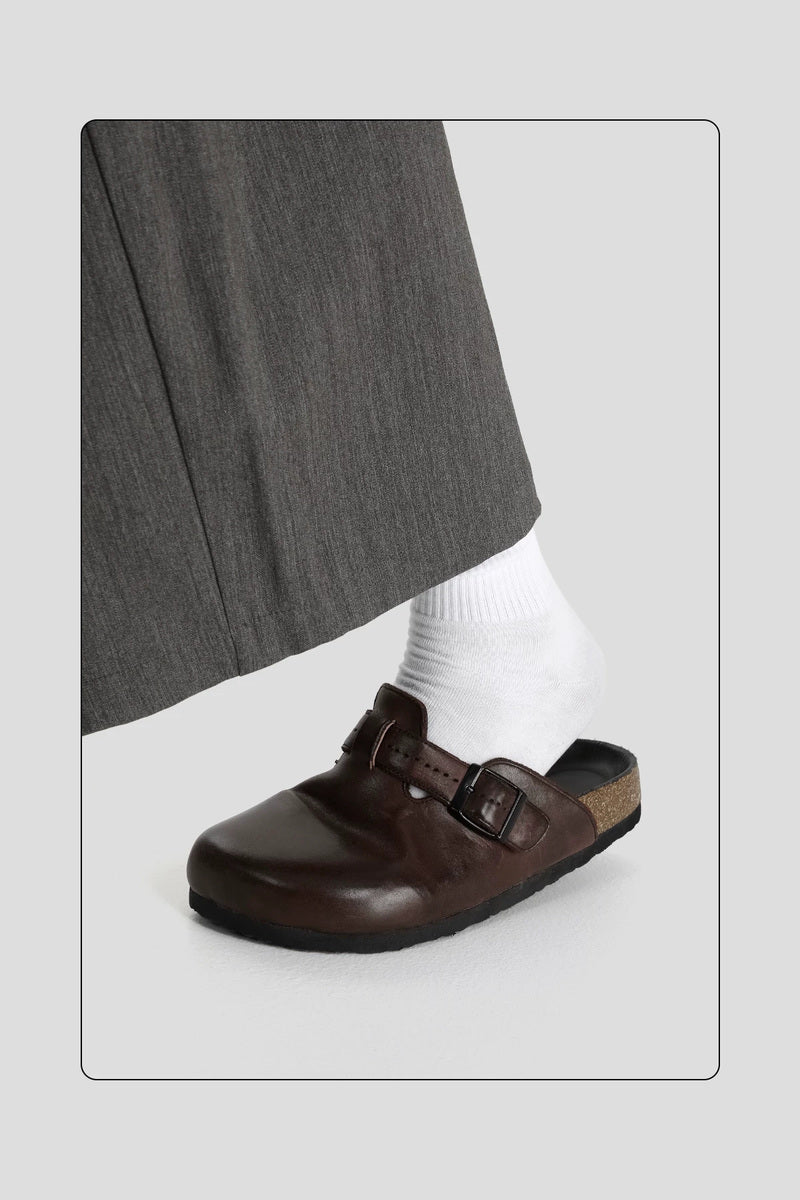 Washed Horsehide Buckle Clogs - Brown - on-foot side view