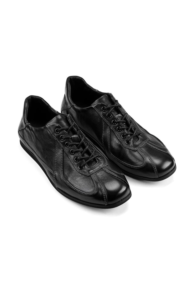 Washed Horsehide Low Sole Trainers - Black - three-quarter pair view