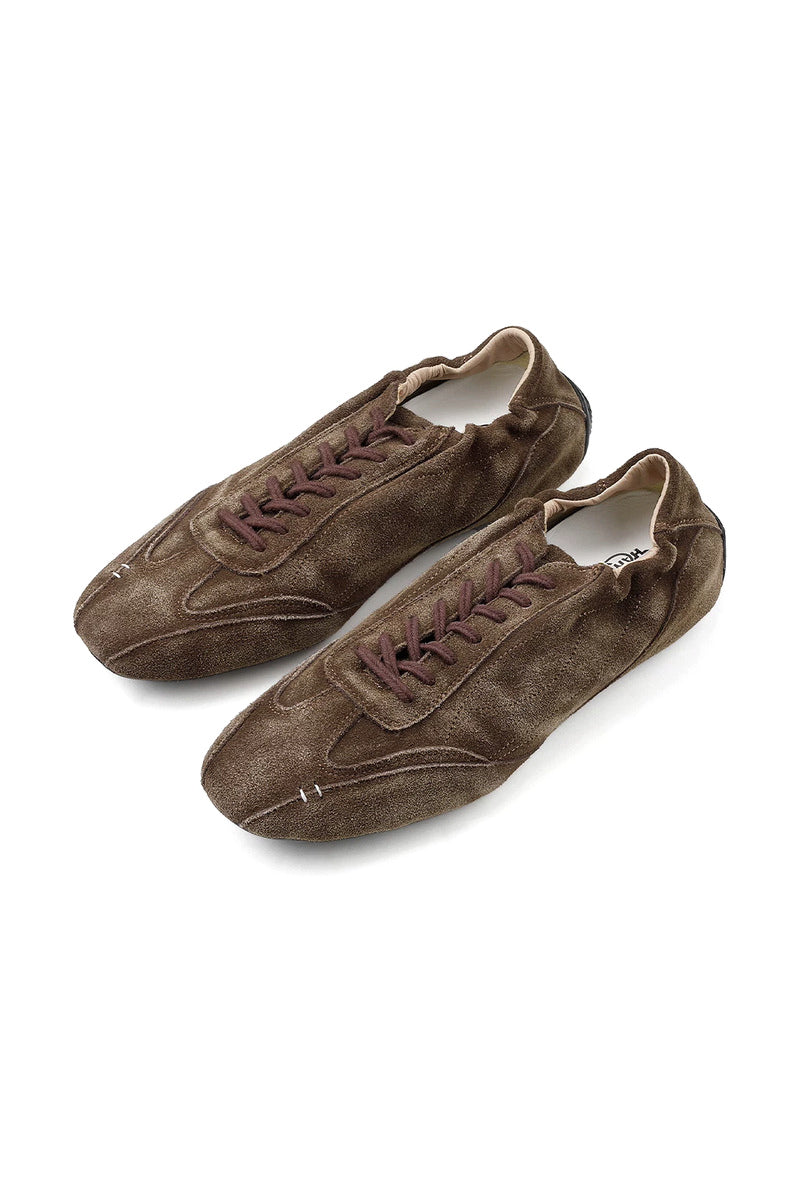 Washed Suede Low Sole Trainers - Brown - three-quarter pair view
