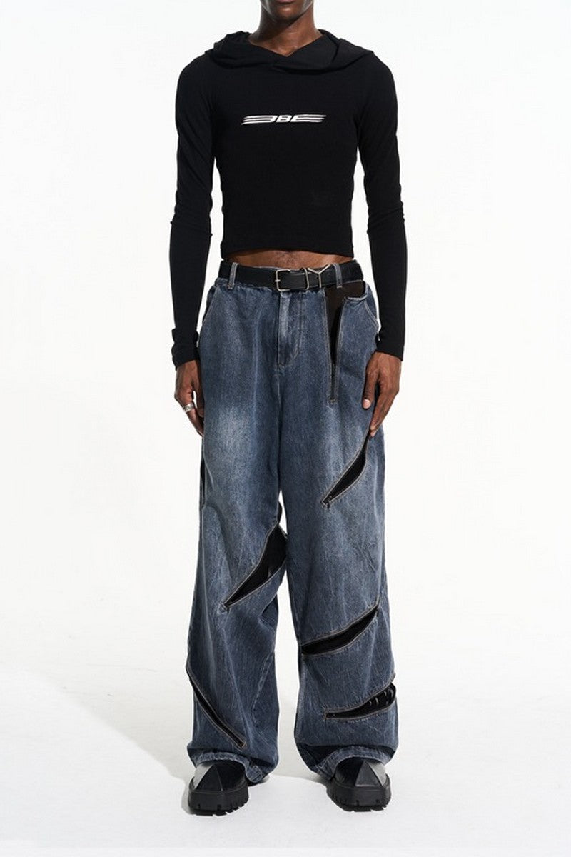 Cut Zipper Washed Jeans