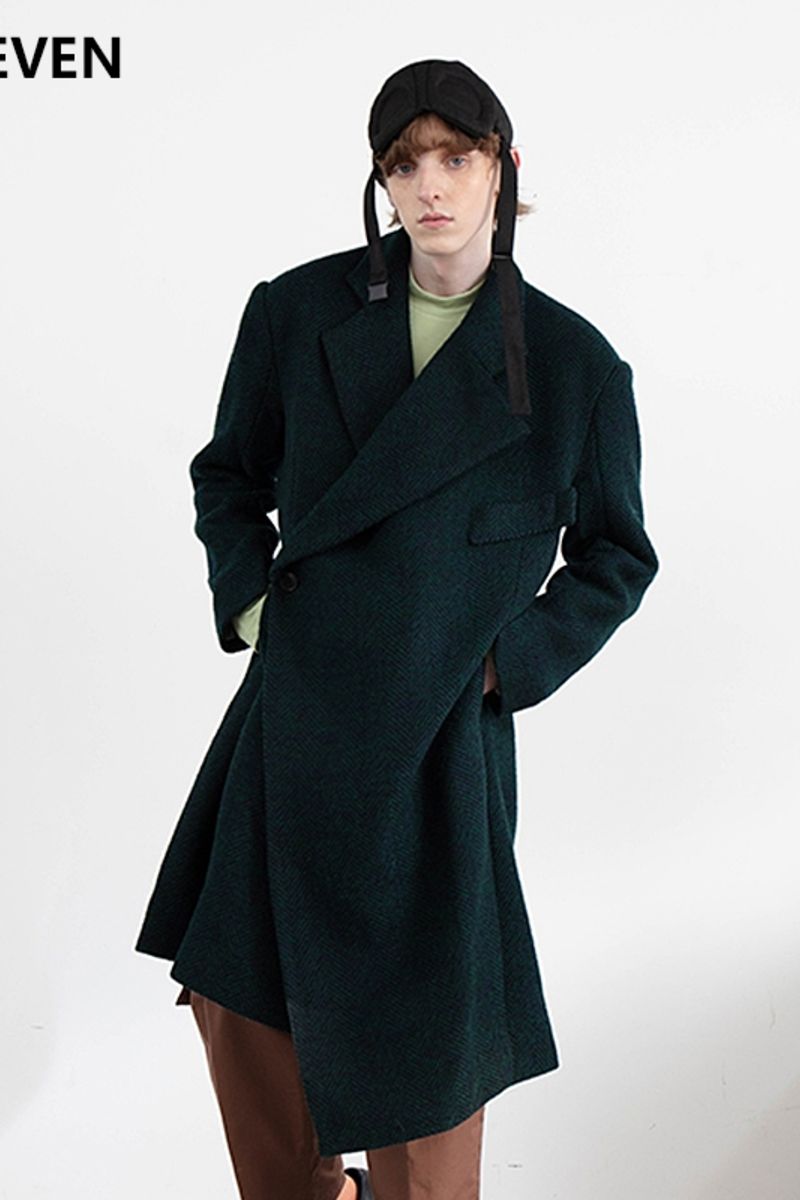 Mix7 Herringbone Asymmetrical Woolen Coat