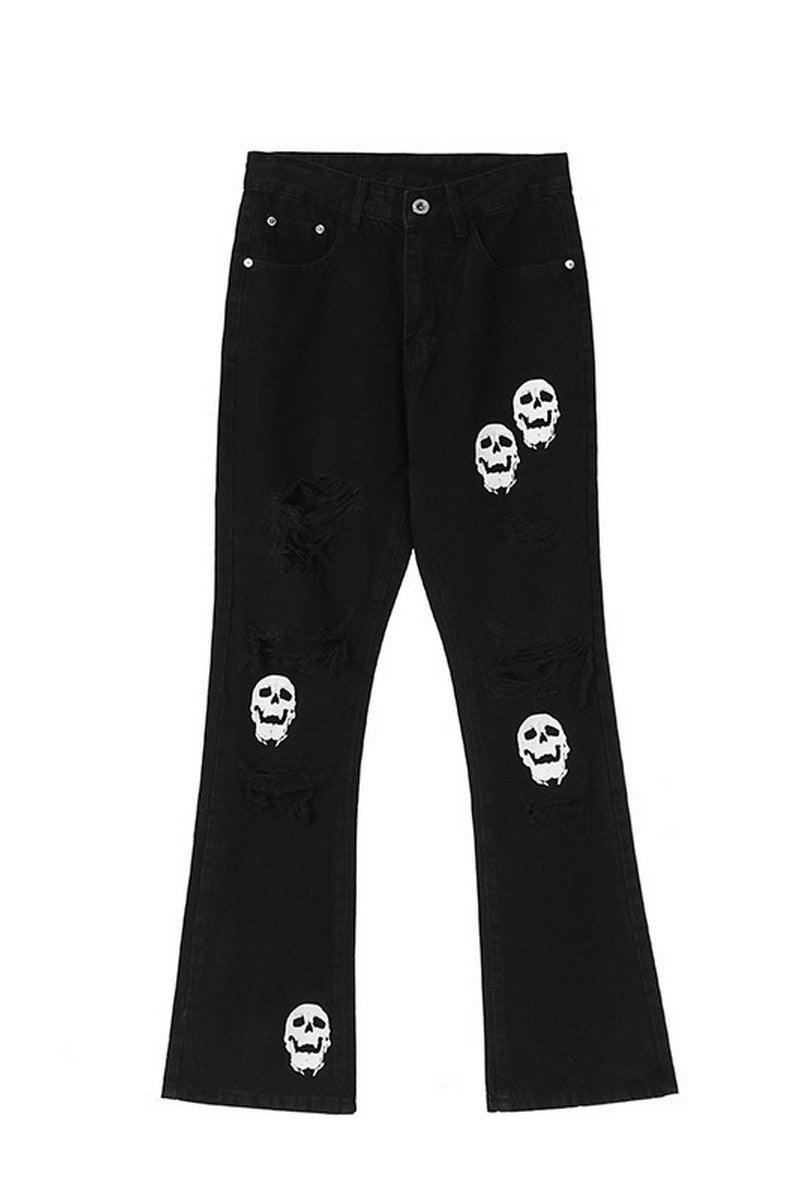 CZ Skulls Washed Flared Jeans - UK Only