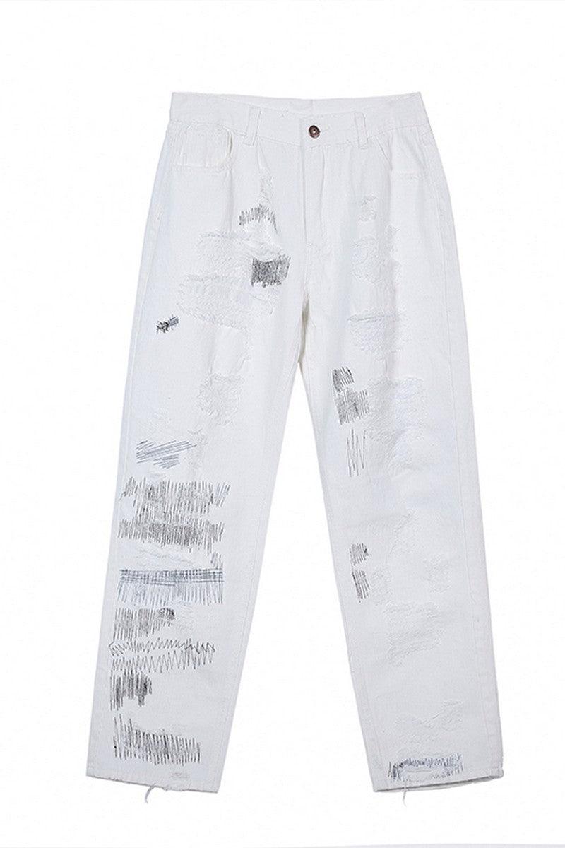 CZ Destroyed Straight White Jeans