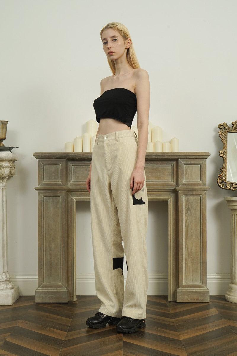 Empty Reference Flower Corduroy Straight Trousers