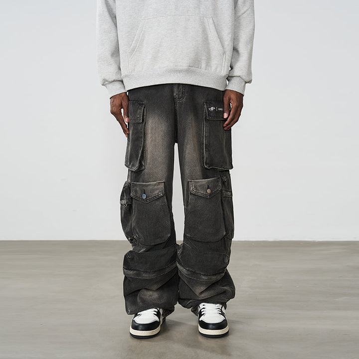 Multi Pocket Washed Baggy Jeans