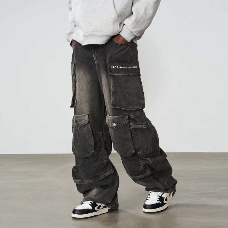 Multi Pocket Washed Baggy Jeans