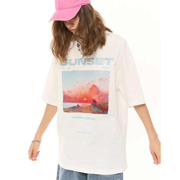 Sunset Oil Painting Round Neck Tee