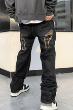 Guns Embroidered Washed Jeans
