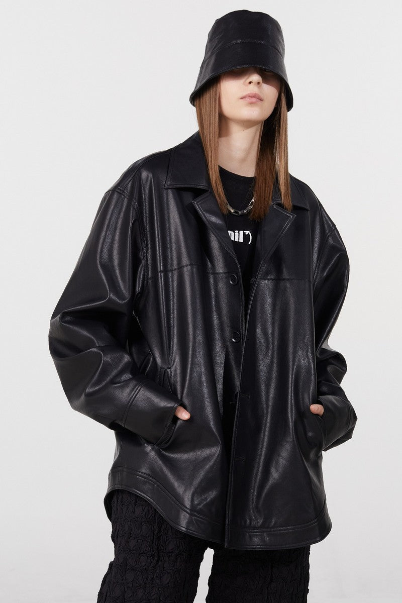 STEEPC Embossed Logo PU Leather Jacket
