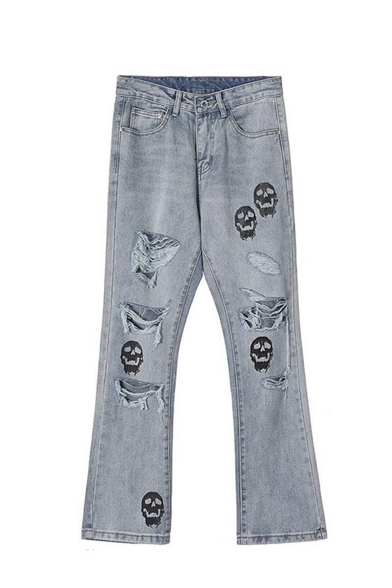 CZ Skulls Washed Flared Jeans - UK Only