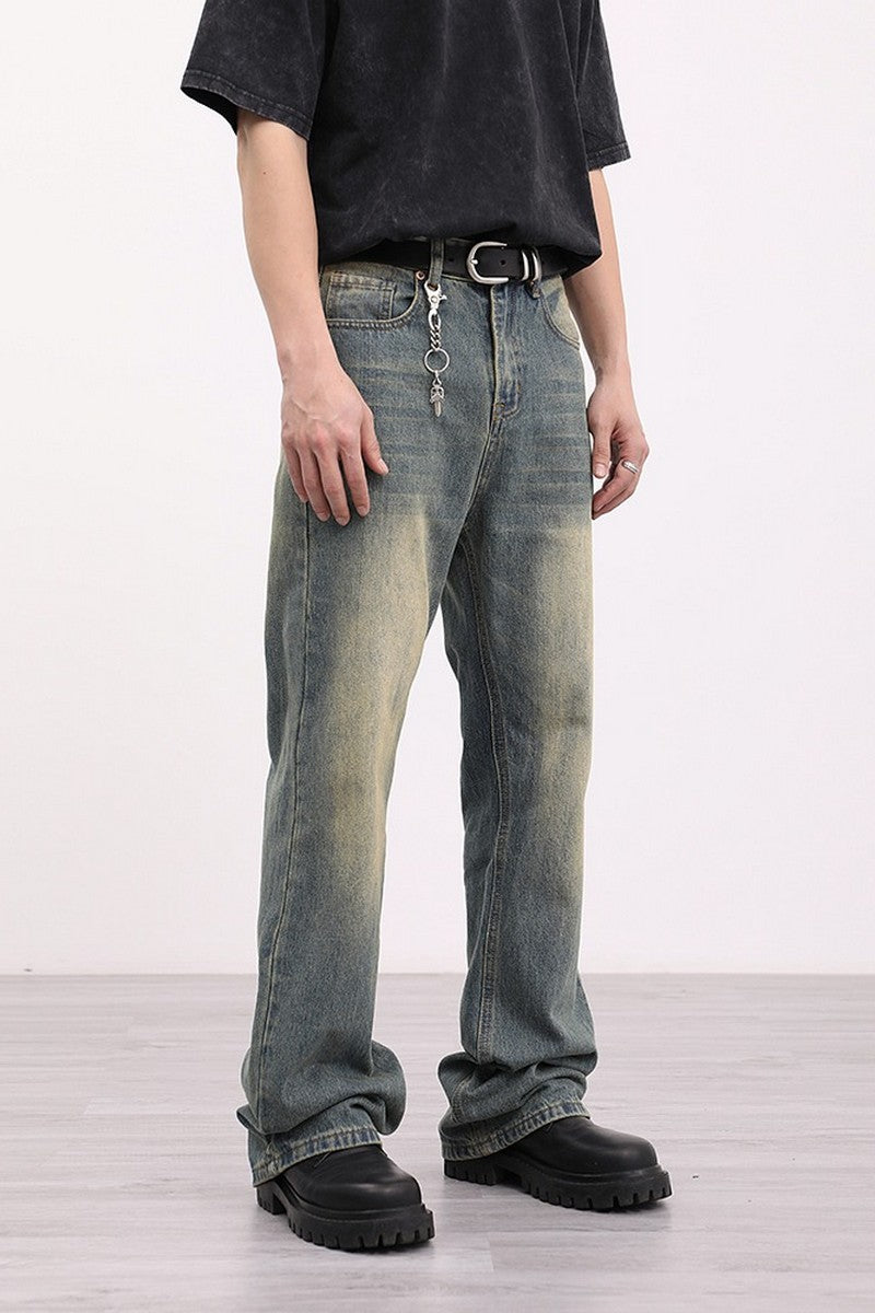 Vintage Jeans Men Washed Distressed Yellow Mud Structure Micro