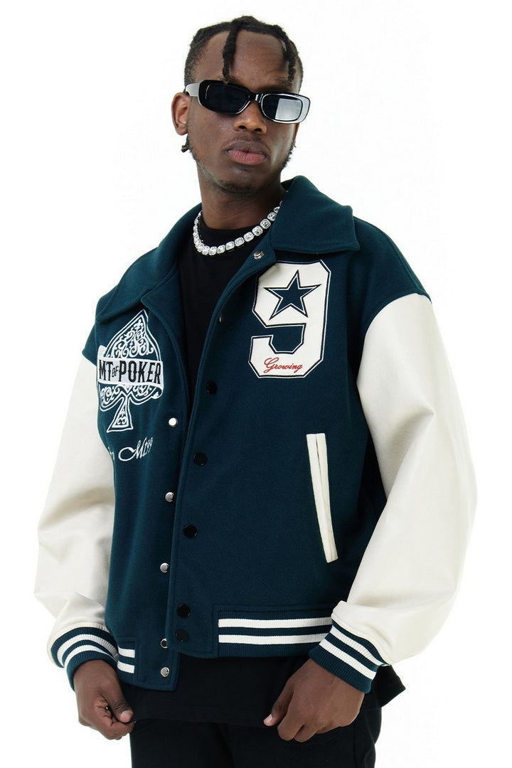 CZ Poker PU Leather Varsity Jacket