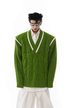 V-Neck Twisted Embossed Knit Sweater