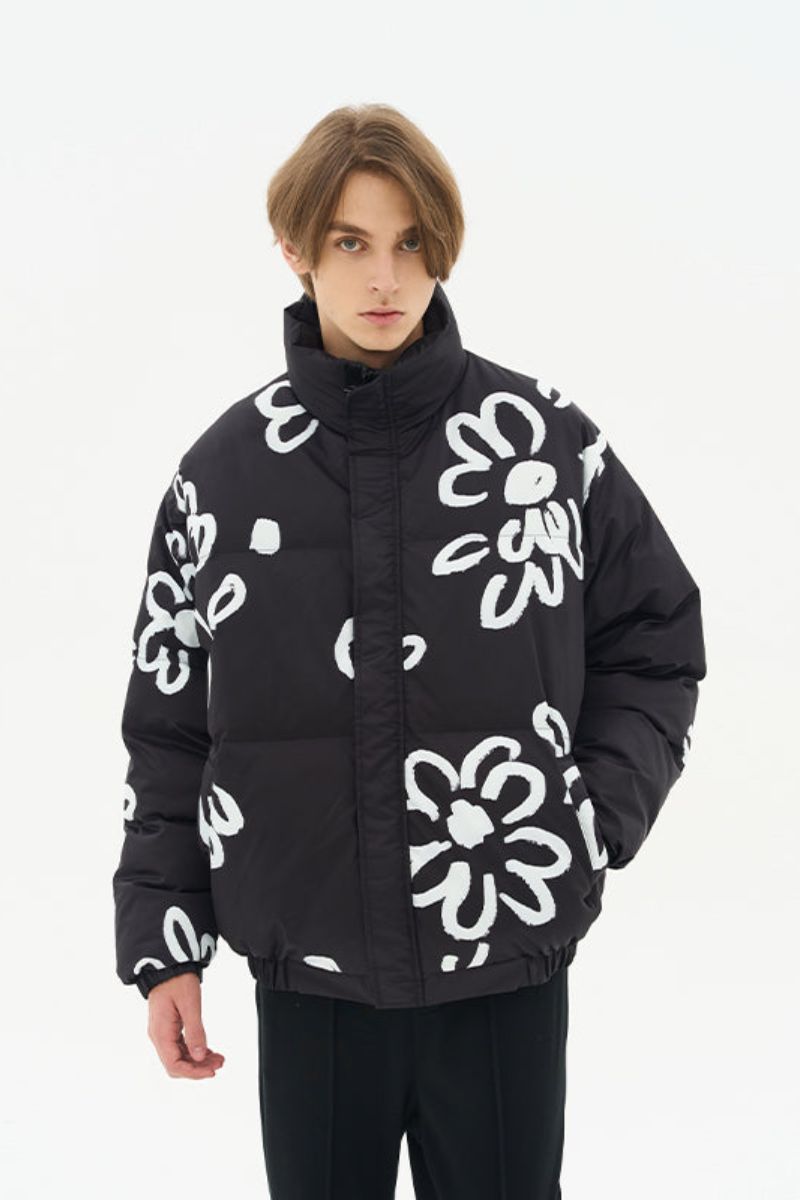 H/C Watercolor Flowers Stand Up Collar Down Jacket