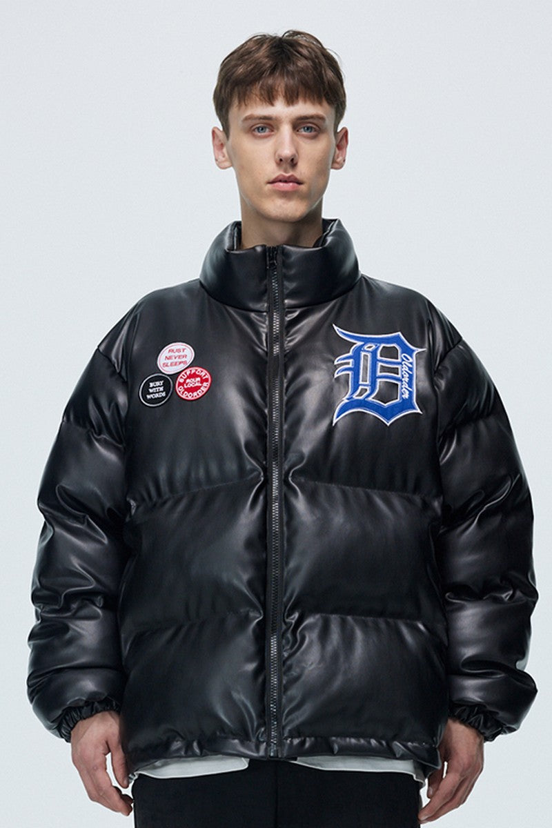 PU Leather Gothic Logo Down Jacket
