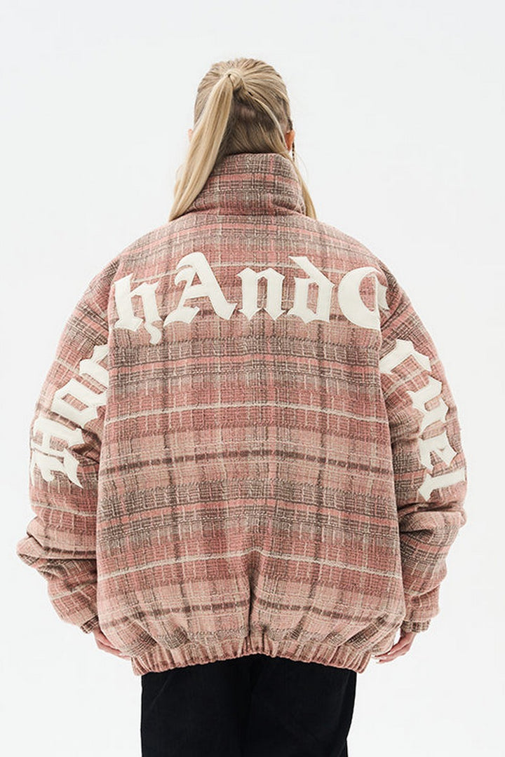 H/C Leather Embroidered Gothic Logo Plaid Down Jacket