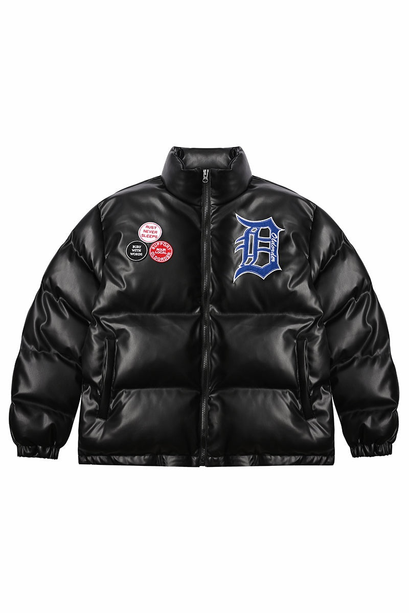 PU Leather Gothic Logo Down Jacket