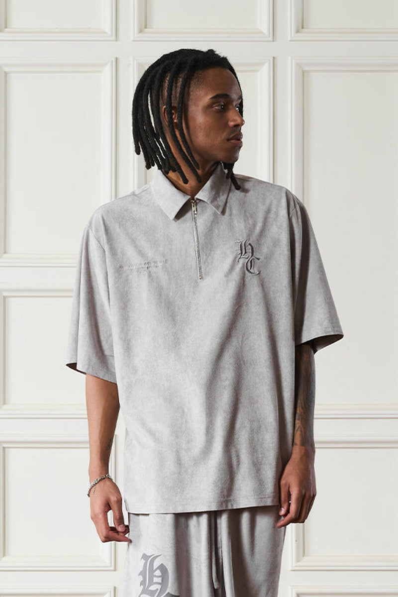 Embossed Gothic Logo Zipper Suede Polo Shirt