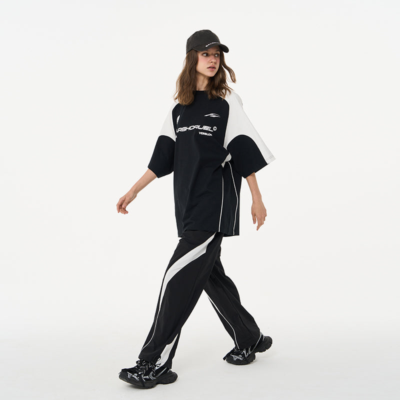 H/C  Stitching Loose Round Neck Logo Tee