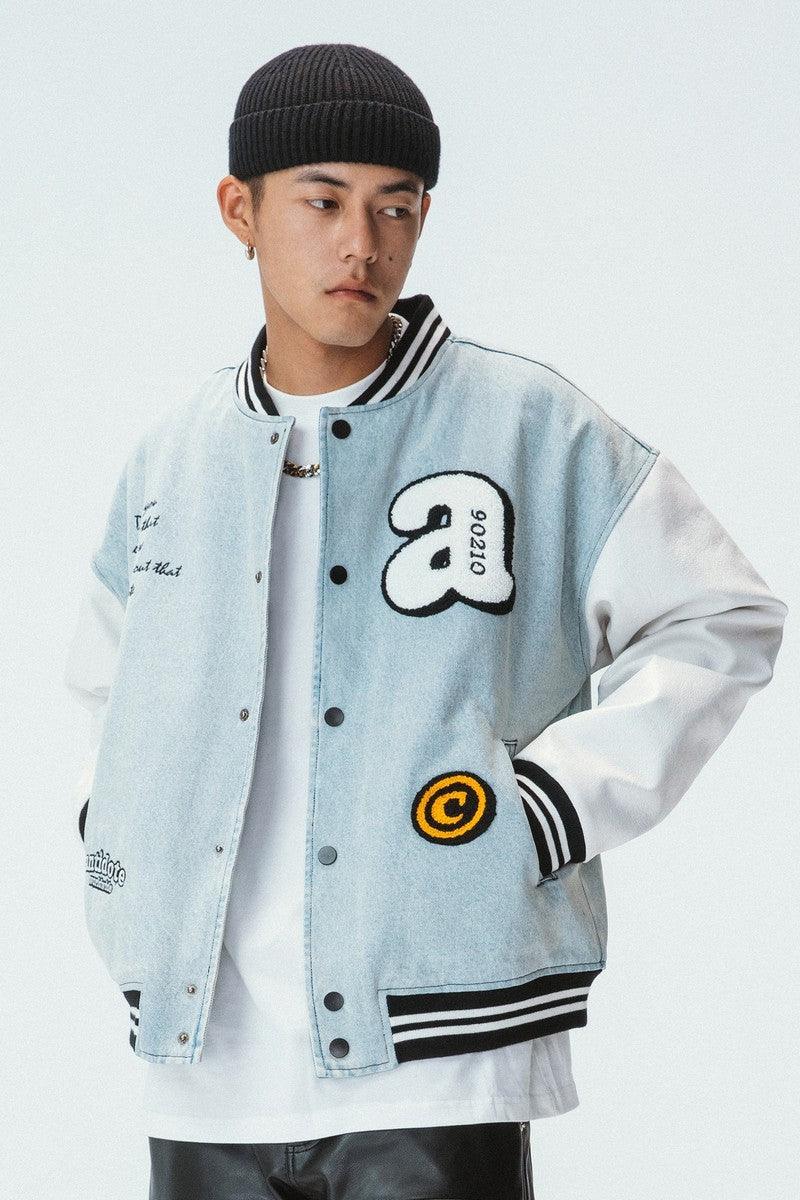 Embroidered Washed Denim Varsity Jacket