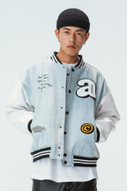 Embroidered Washed Jeans Varsity Jacket
