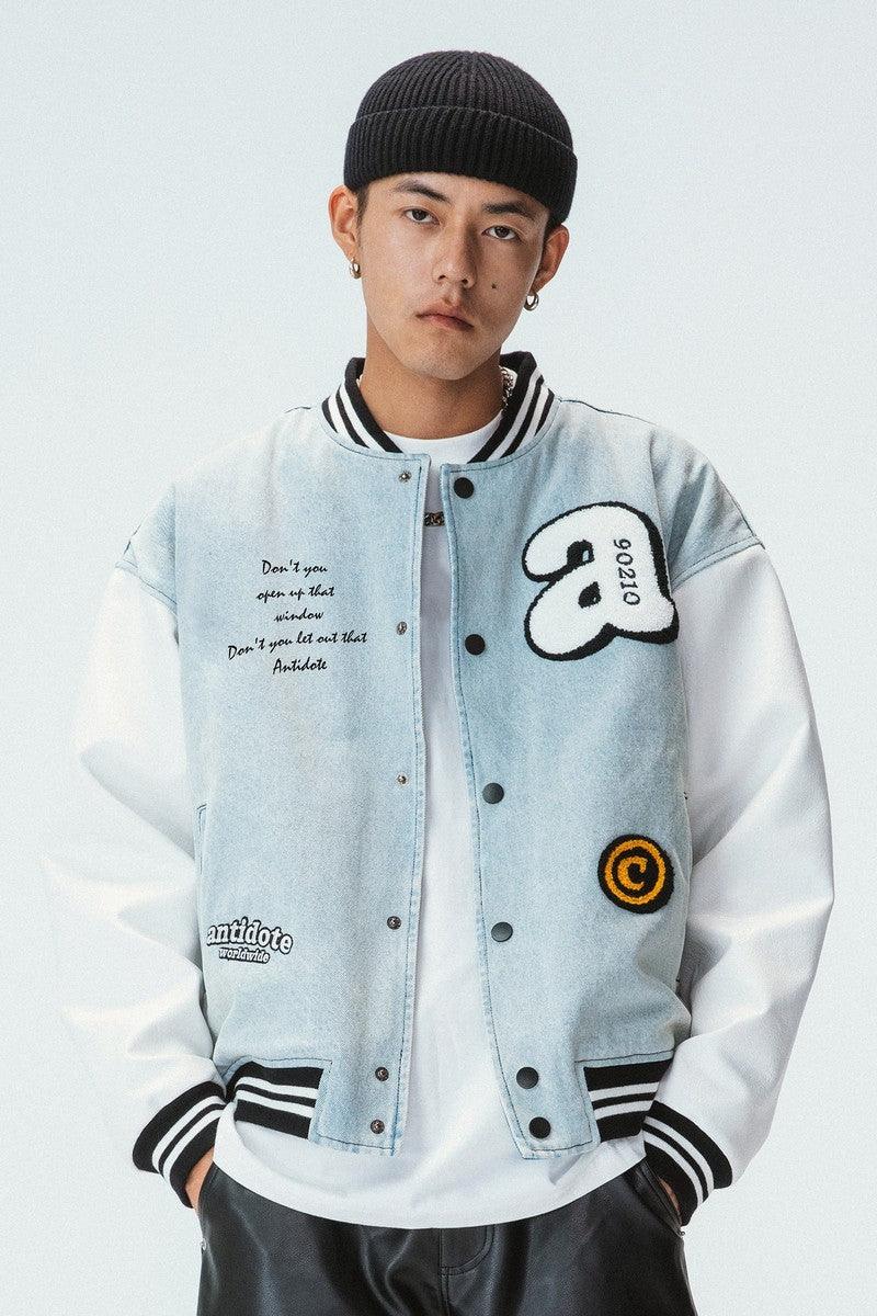 Embroidered Washed Denim Varsity Jacket