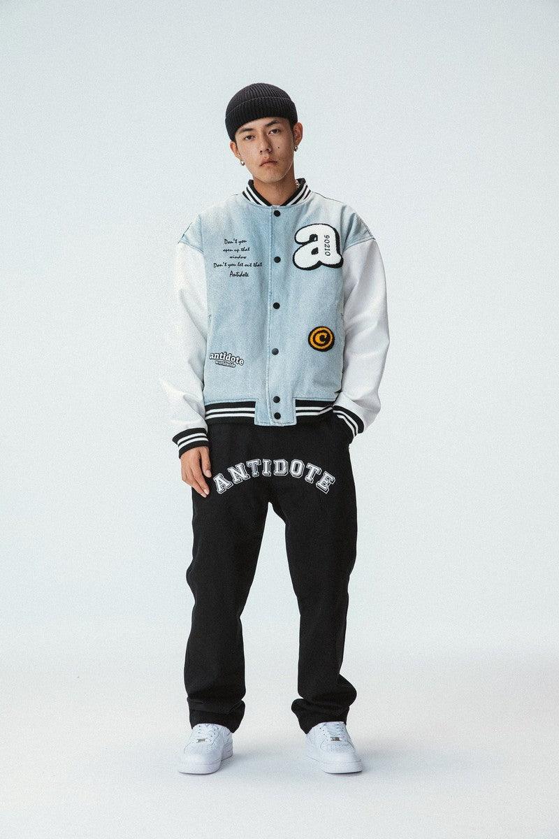 Embroidered Washed Jeans Varsity Jacket