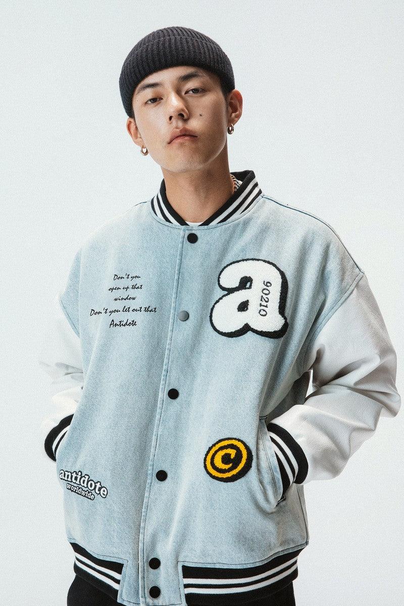 Embroidered Washed Denim Varsity Jacket