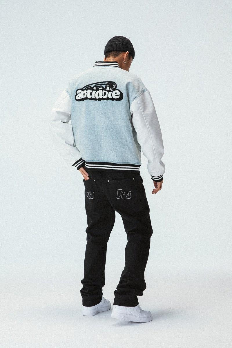 Embroidered Washed Denim Varsity Jacket