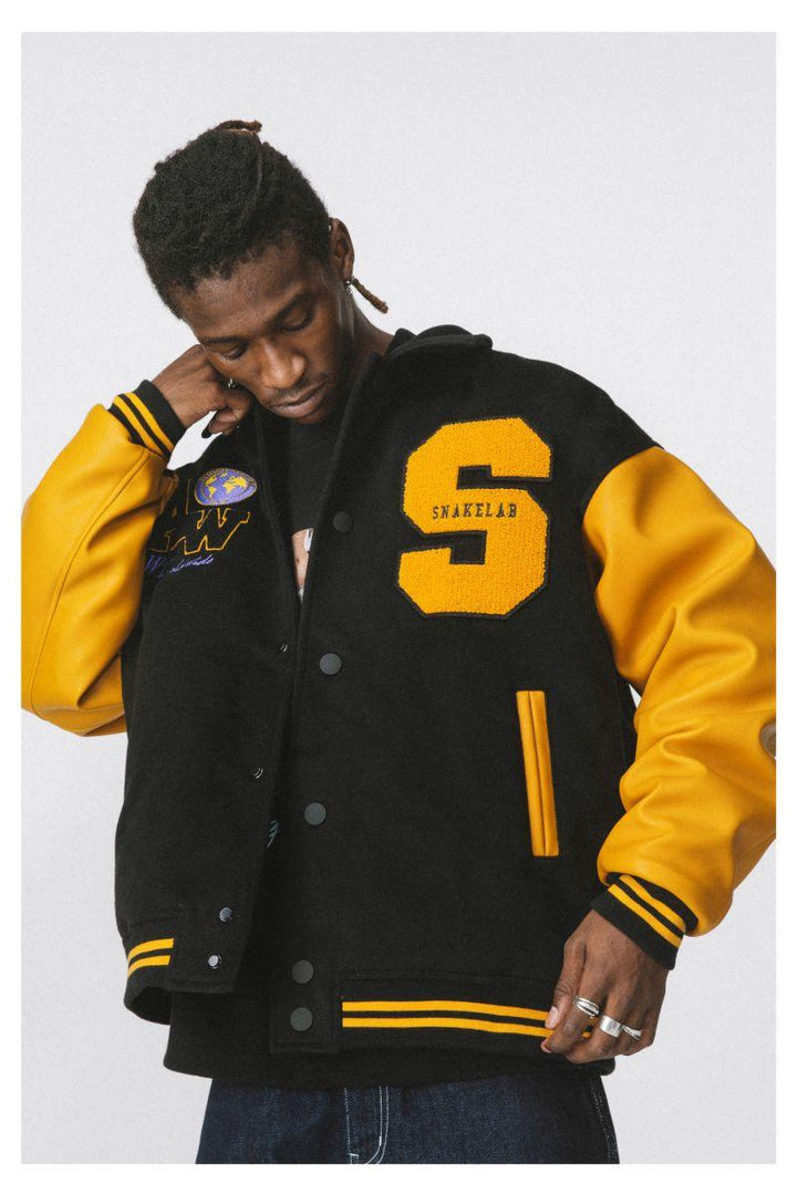 ANT Yellow Woolen Embroidered Varsity Jacket