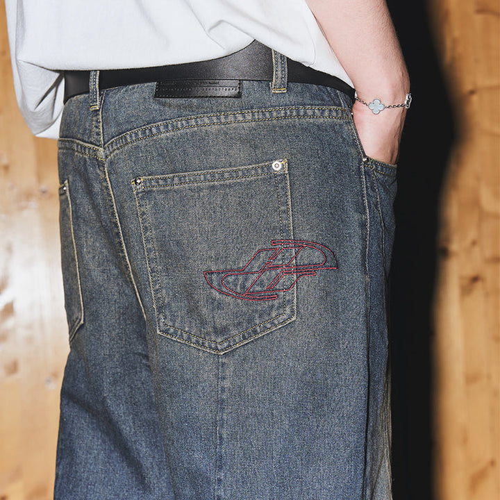 Embroidered Logo Washed Stitched Jeans