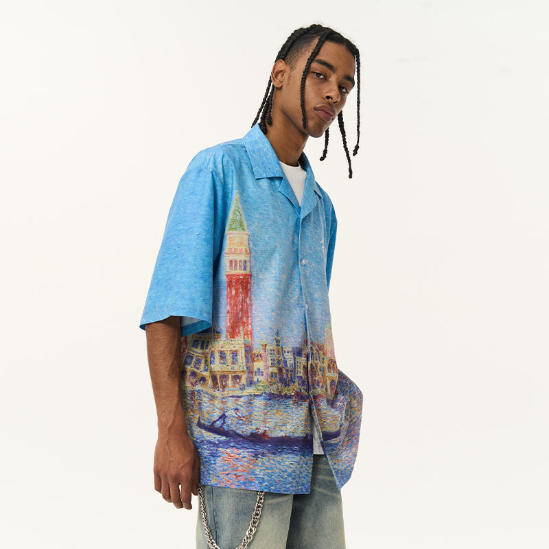 Venice Landscape Pointillism Painting Cuban Shirt