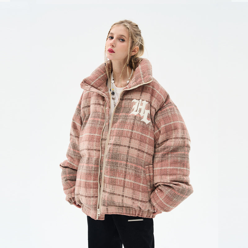 H/C Leather Embroidered Gothic Logo Plaid Down Jacket