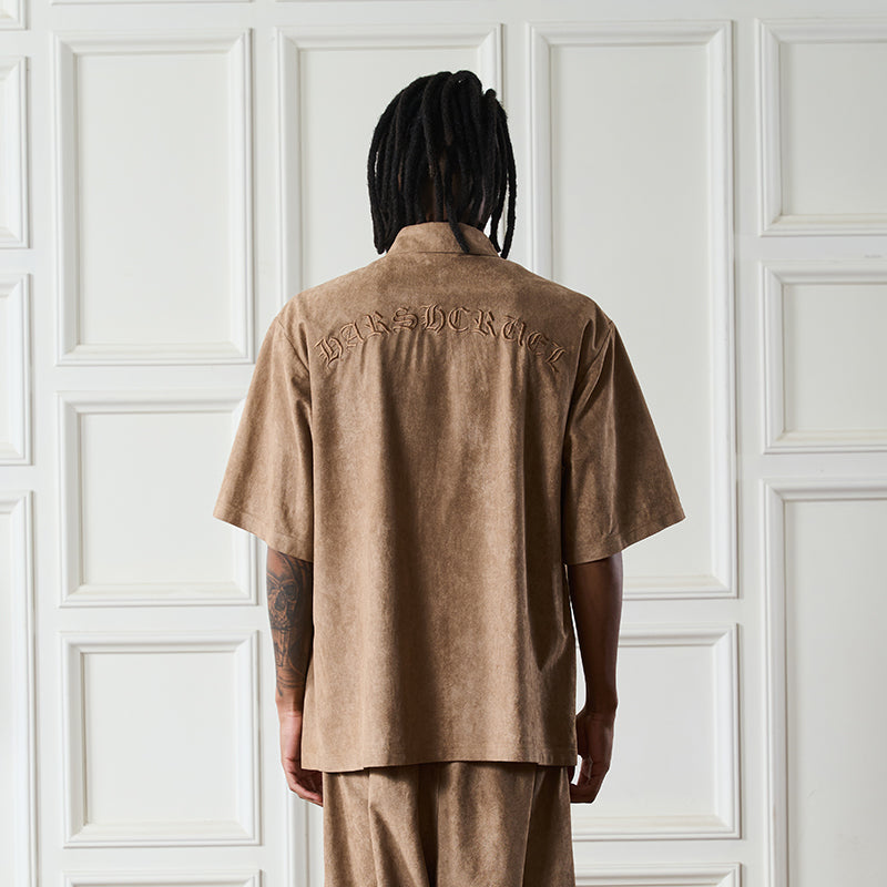 Embossed Gothic Logo Zipper Suede Polo Shirt