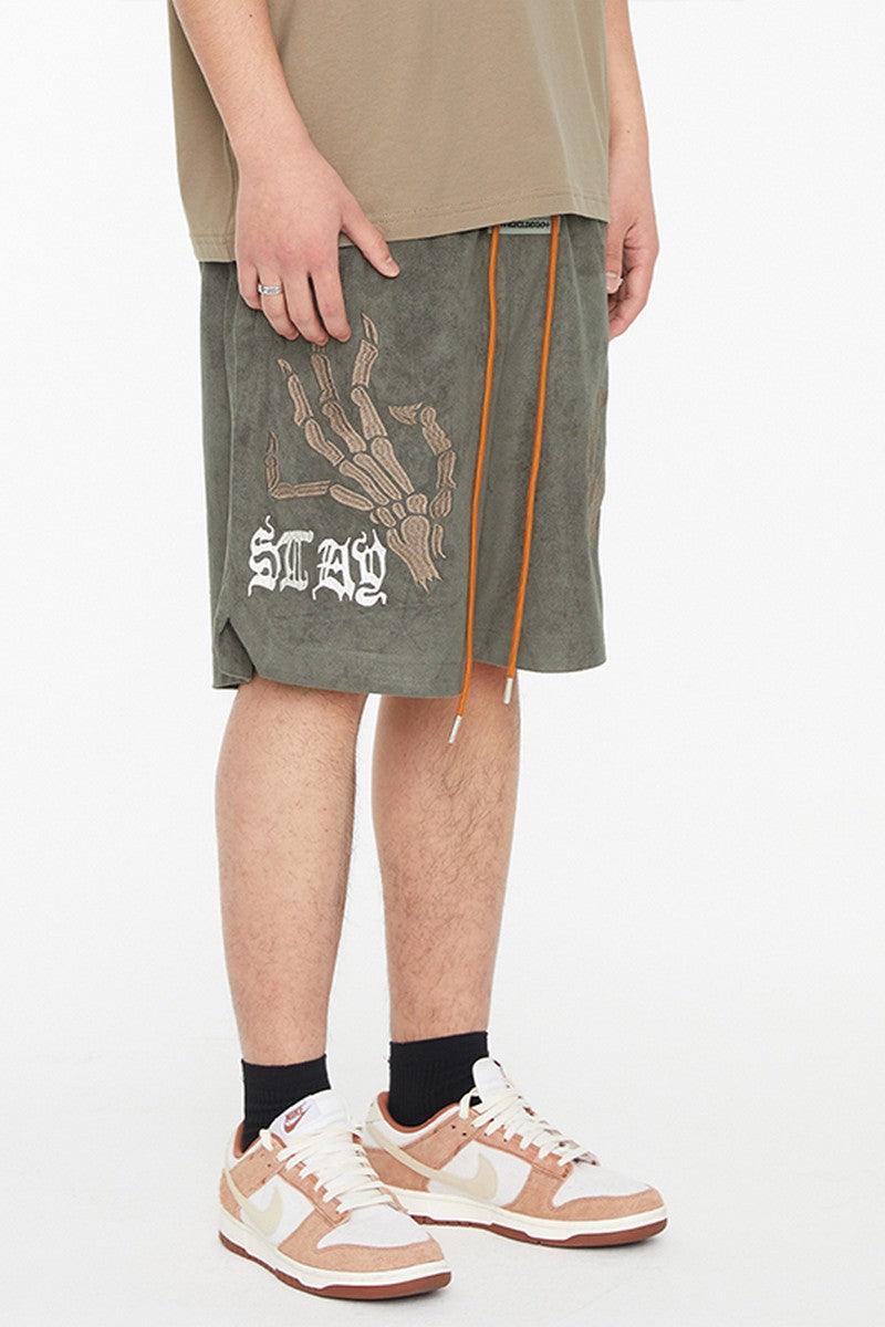 F2CE Skeleton Hands Embroidered Suede Shorts