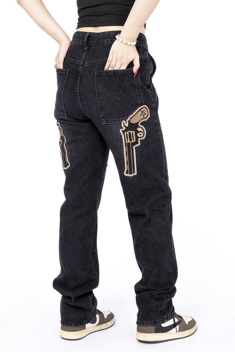 Guns Embroidered Washed Jeans