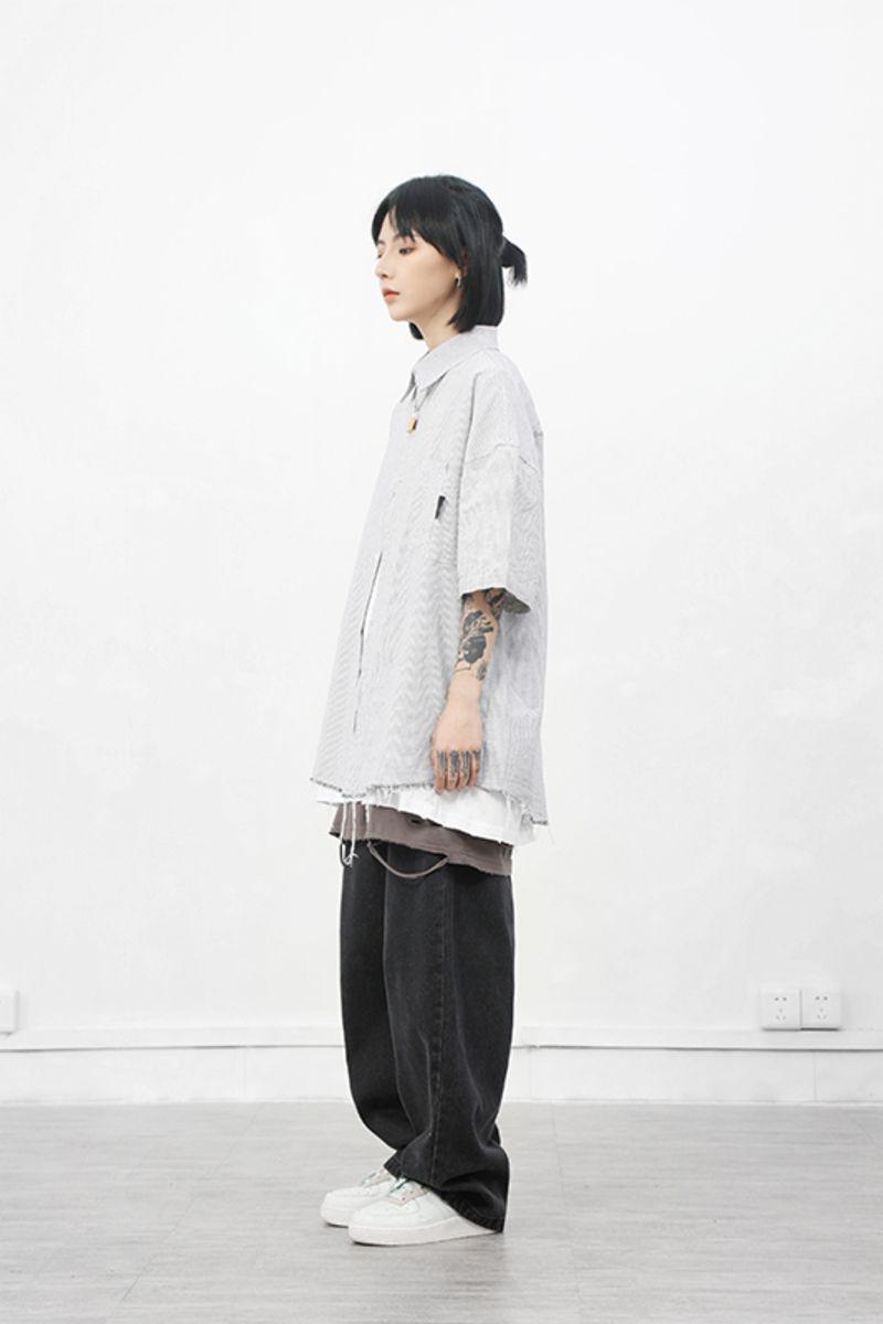 CZ Ripped Striped Button Up Shirt