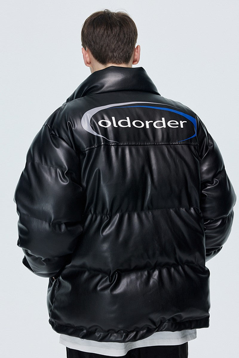 PU Leather Gothic Logo Down Jacket
