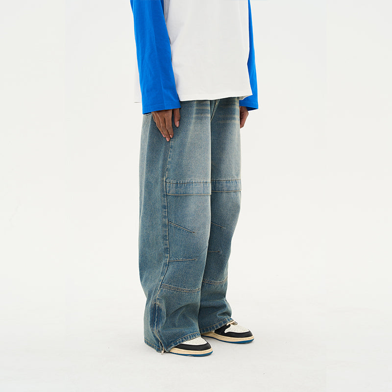 H/C Stitching Pleated Loose Jeans