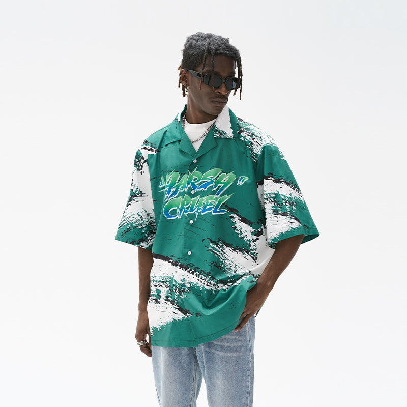 H/C Gradient Logo Brush Printed Cuban Shirt