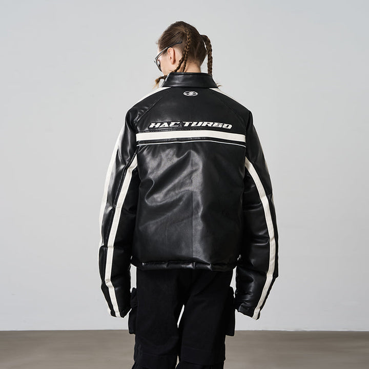 Deconstructed Stitched Racing Leather Down Jacket