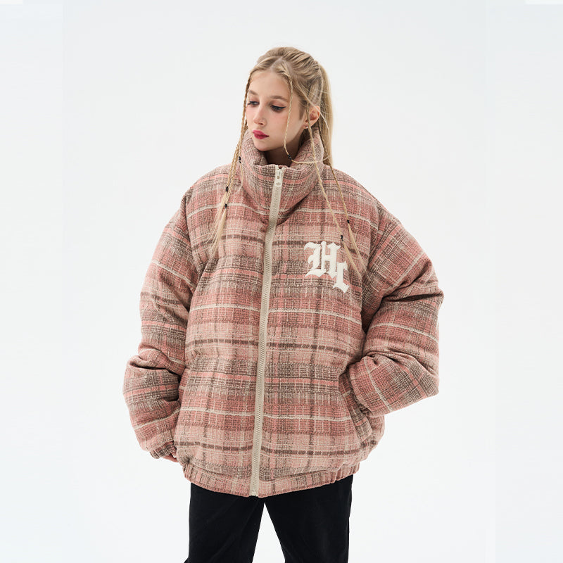 H/C Leather Embroidered Gothic Logo Plaid Down Jacket