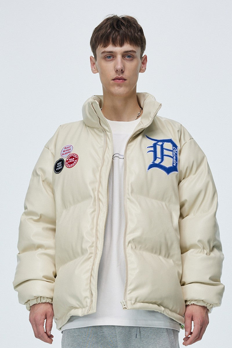 PU Leather Gothic Logo Down Jacket