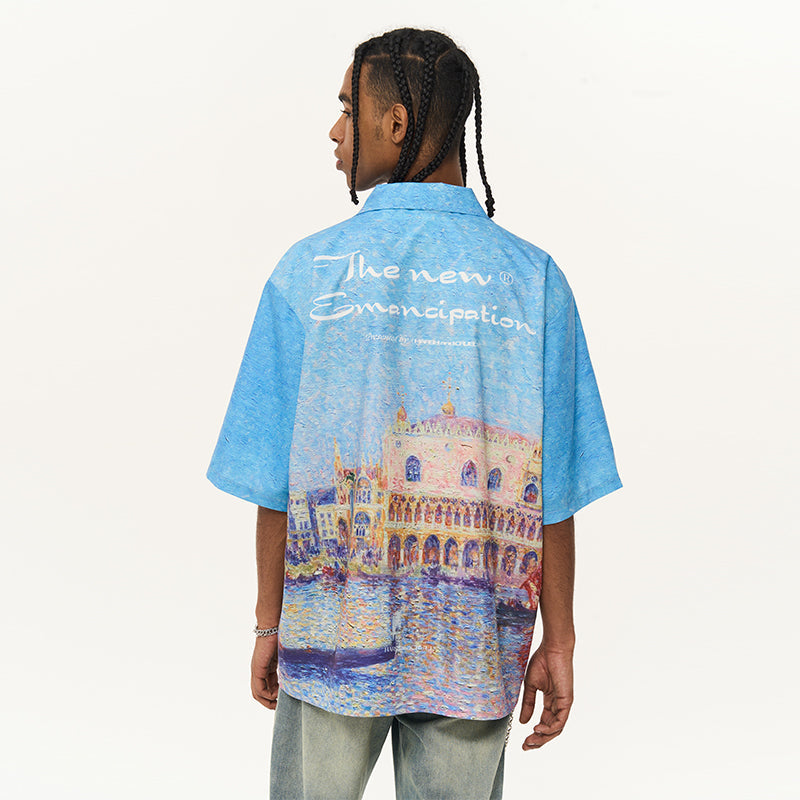 Venice Landscape Pointillism Painting Cuban Shirt
