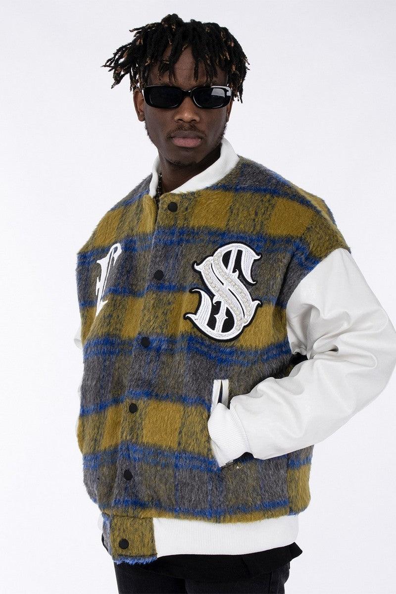 CZ Pearl Plaid Woolen Baseball Jacket