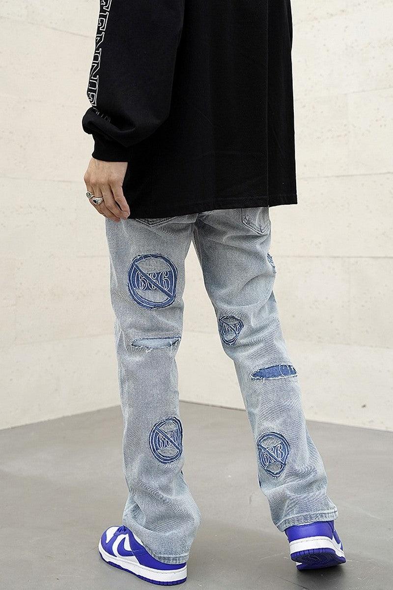 CZ Distressed Embroidered Flared Jeans
