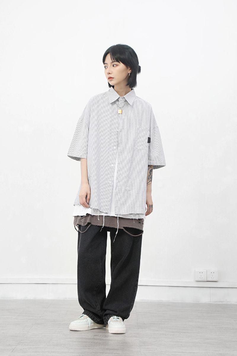 CZ Ripped Striped Button Up Shirt